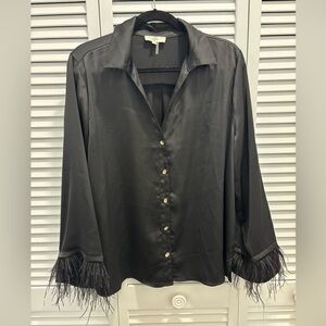 Entro Black Satin Feather Sleeve Top - Luxe Statement Piece